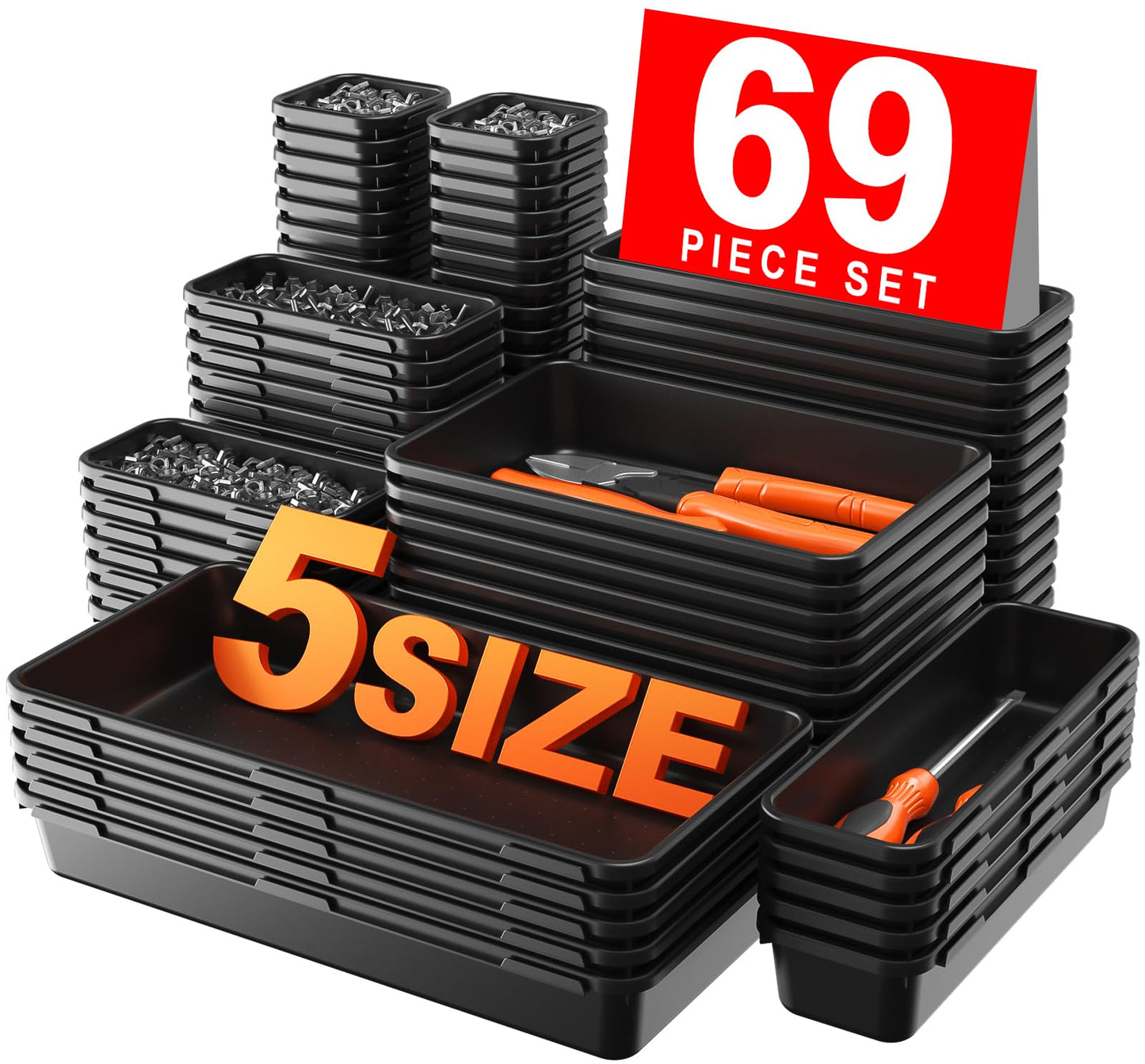 A-LUGEI【𝟲𝟵𝗣𝗰𝘀】【𝟱 𝗦𝗶𝘇𝗲】 Tool Box Organiser Tray Divider Set, 【Black】 Desk Drawer Organiser, Garage Organisation and Storage Toolbox Accessories Rolling Tool Chest Cart Cabinet Workbench