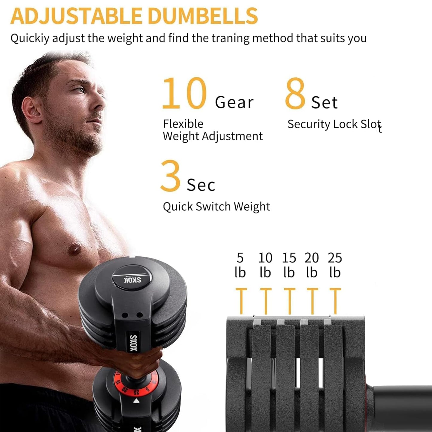 SKOK 25 lbs Pair Adjustable Dumbbells Set, Adjustable Weights Dumbbells Set for Men and Women with Anti-Slip Fast Adjust Weight by Turning Handle with Tray