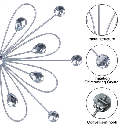 hogardeck Metal Flower Wall Decor, 11inch Silver Metal Jeweled Wall Art Bling Crystal Home Décor, Sun Burst Rhinestone Wall Hanging Diamond Accents for for Indoor, Outdoor, Living Room, Bedroom