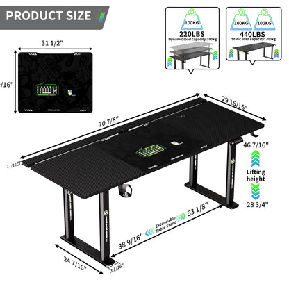 Klobel 71" Gaming Standing Desk for Gamers & Streamers, 4-Leg Electric Sit Stand Desk with LED Lights, Flip-Top Cable Management, Stable Computer Desk with Wheels
