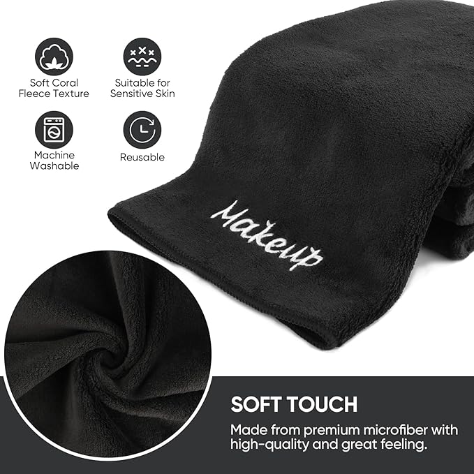 Makeup Remover Cloth, 48 Pack Black Facial Wash Cloths, Soft Coral Fleece