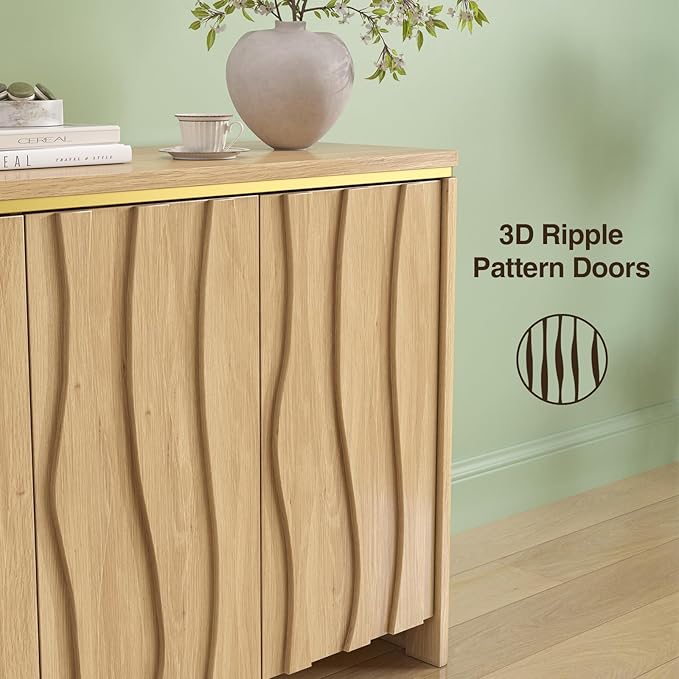 Fluted Cabinet with 3D Ripple Doors, 57.9" W Storage Cabinet with Adjustable