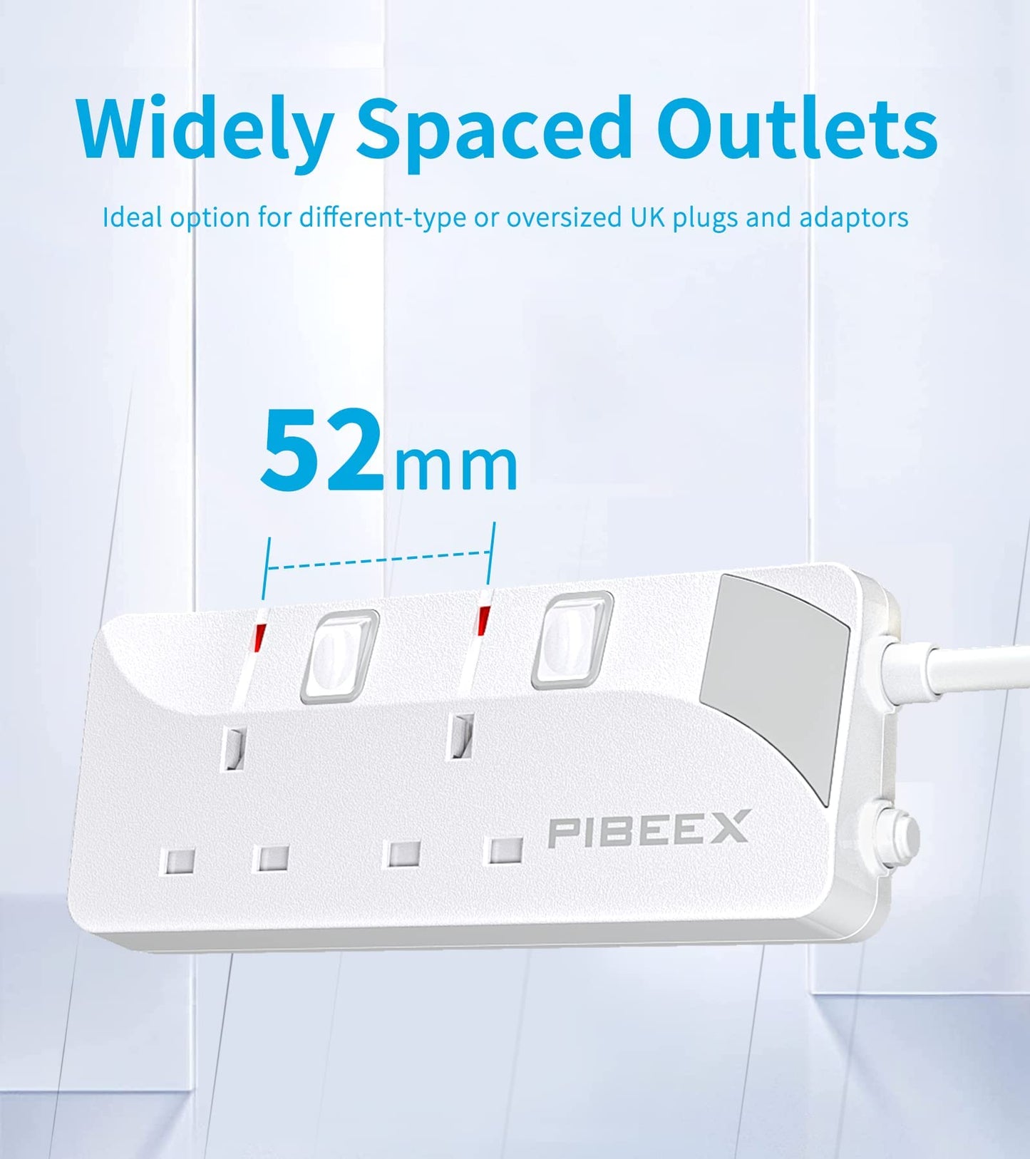 PIBEEX Extension Lead 2 Way Plug Sockets with Individual Switches Wall Mountable Power Strip 1.5M Extension Cable 13A Fused UK Plug 3250W