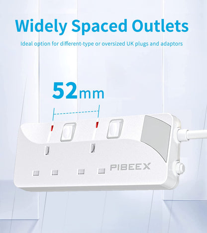 PIBEEX Extension Lead 2 Way Plug Sockets with Individual Switches Wall Mountable Power Strip 1.5M Extension Cable 13A Fused UK Plug 3250W