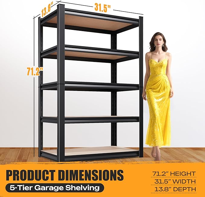 71.2" H Garage Shelving Heavy Duty Storage Shelves, Metal Adjustable Shelving Unit, Utility Garage Organizer Shelf for Basement, Pantry, Kitchen, Warehouse, 31.5" W x 13.8" D x 71.2" H, Black