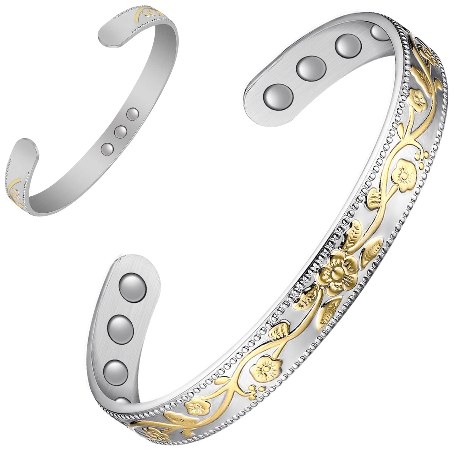 Feraco Copper Bracelet for Women, Ultra Strength Magnetic Bracelets, 99.99% Pure Copper Cuff Bangle with 3500 Gauss Neodymium Magnets, Adjustable (Silver & Gold)