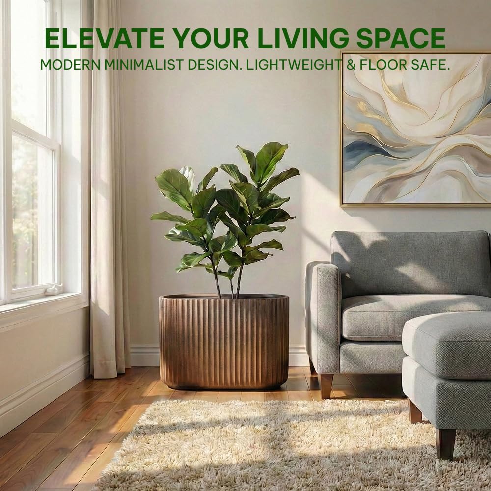 Wil & Vic 89s 15" H x 24" L Sirius Fiberglass Planter, Round Indoor and Outdoor Plant Pot with Drainage Hole, Lightweight, Durable Minimalist Home, Included 2 Extra Coco Mats, Rust
