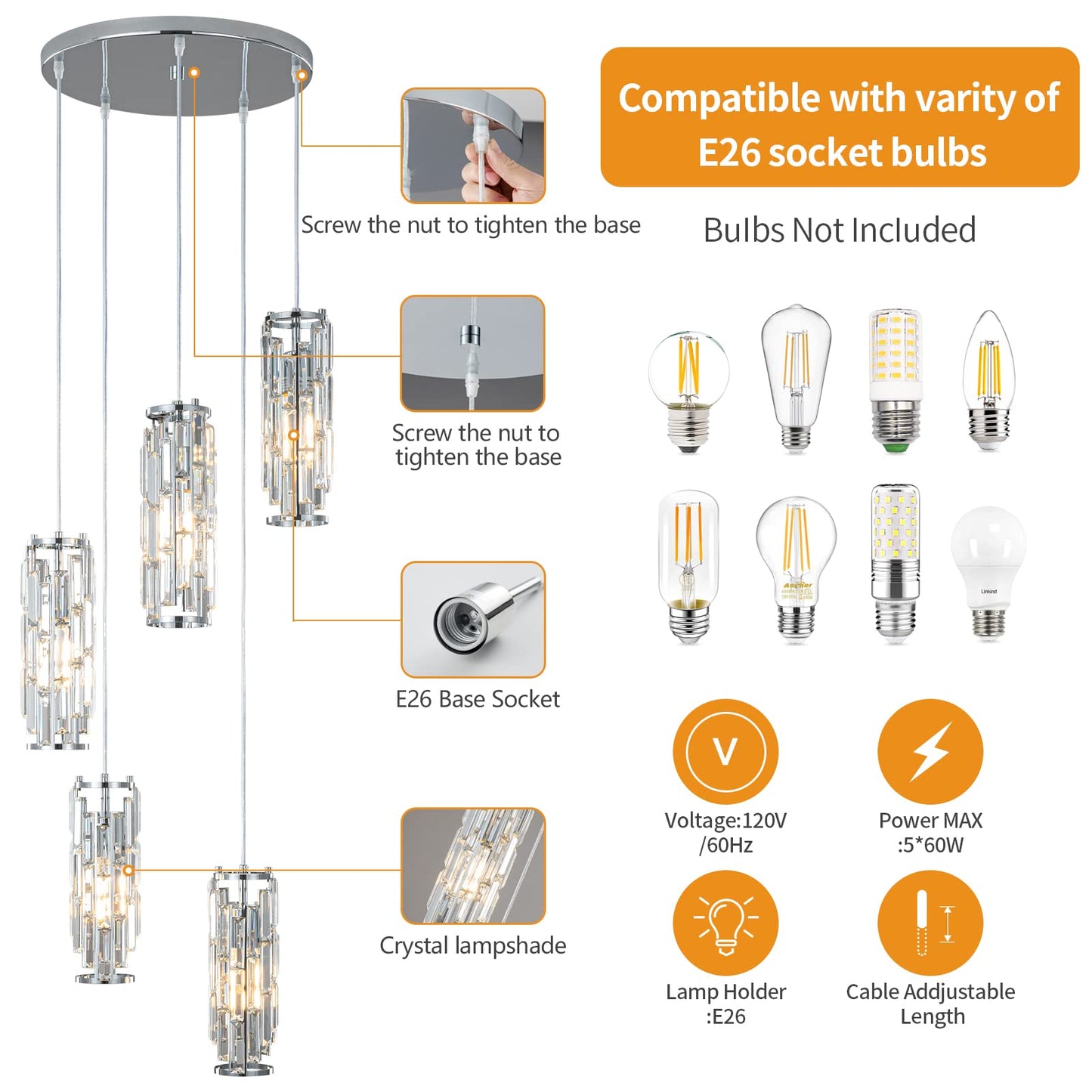 LMQNINE Pendant Light, Chrome Modern Pendant Light Fixtures, Mini Crystal Chandeliers, Adjustable 5-Light Pendant Lighting for Kitchen Island Dinning Room Bedroom (Chrome 5-Light)