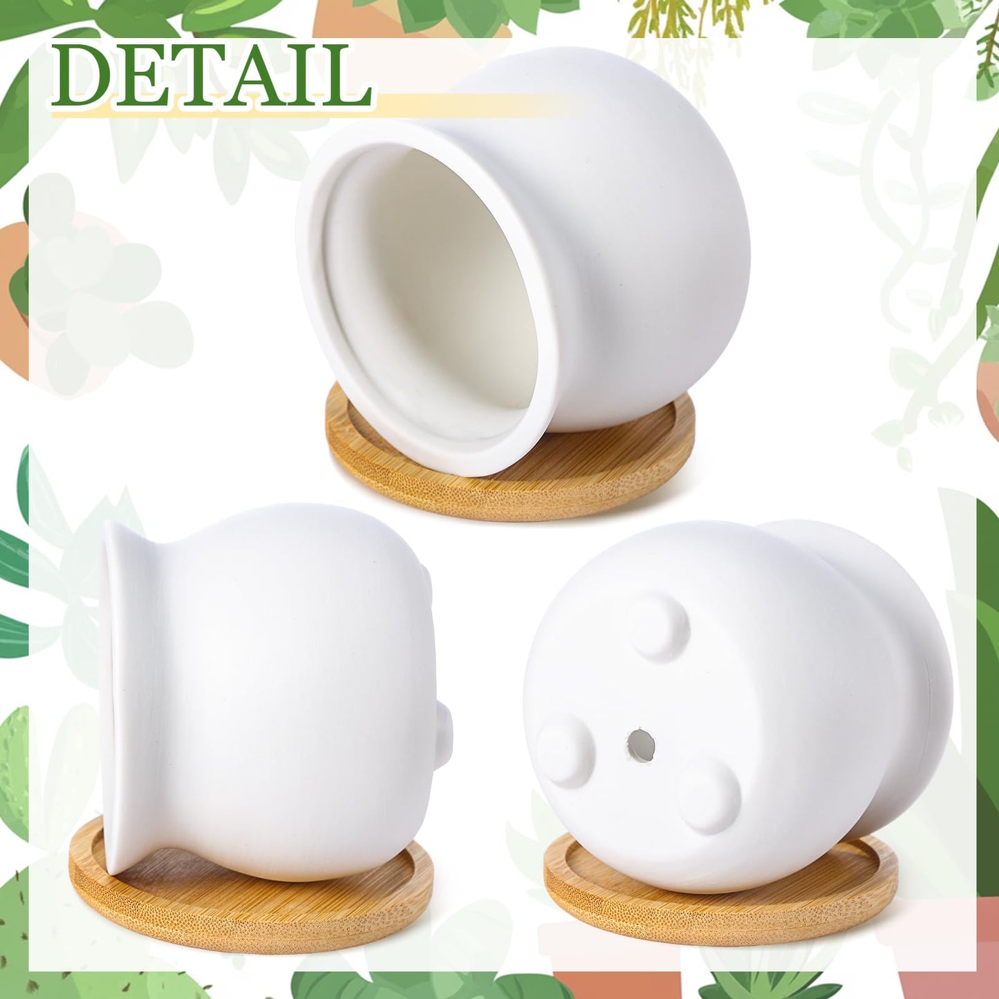 Remerry 12 Pcs 3.5 Inch Mini Succulent Pots with Bamboo Tray White Ceramic Pots Color Your Own DIY Small Planters Containers for Flower Cactus with Drainage Hole for Plant Lover