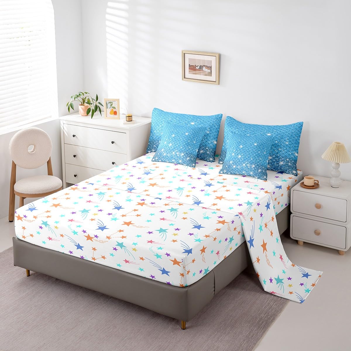 jejeloiu Blue Mermaid Scales Comforter Set with Sheets Queen Size Kids Glitter Fish Scales 7 Pieces Bedding Set for Boys Girls Teens Ocean Marine Themed Bed in a Bag Breathable Bedroom Decor
