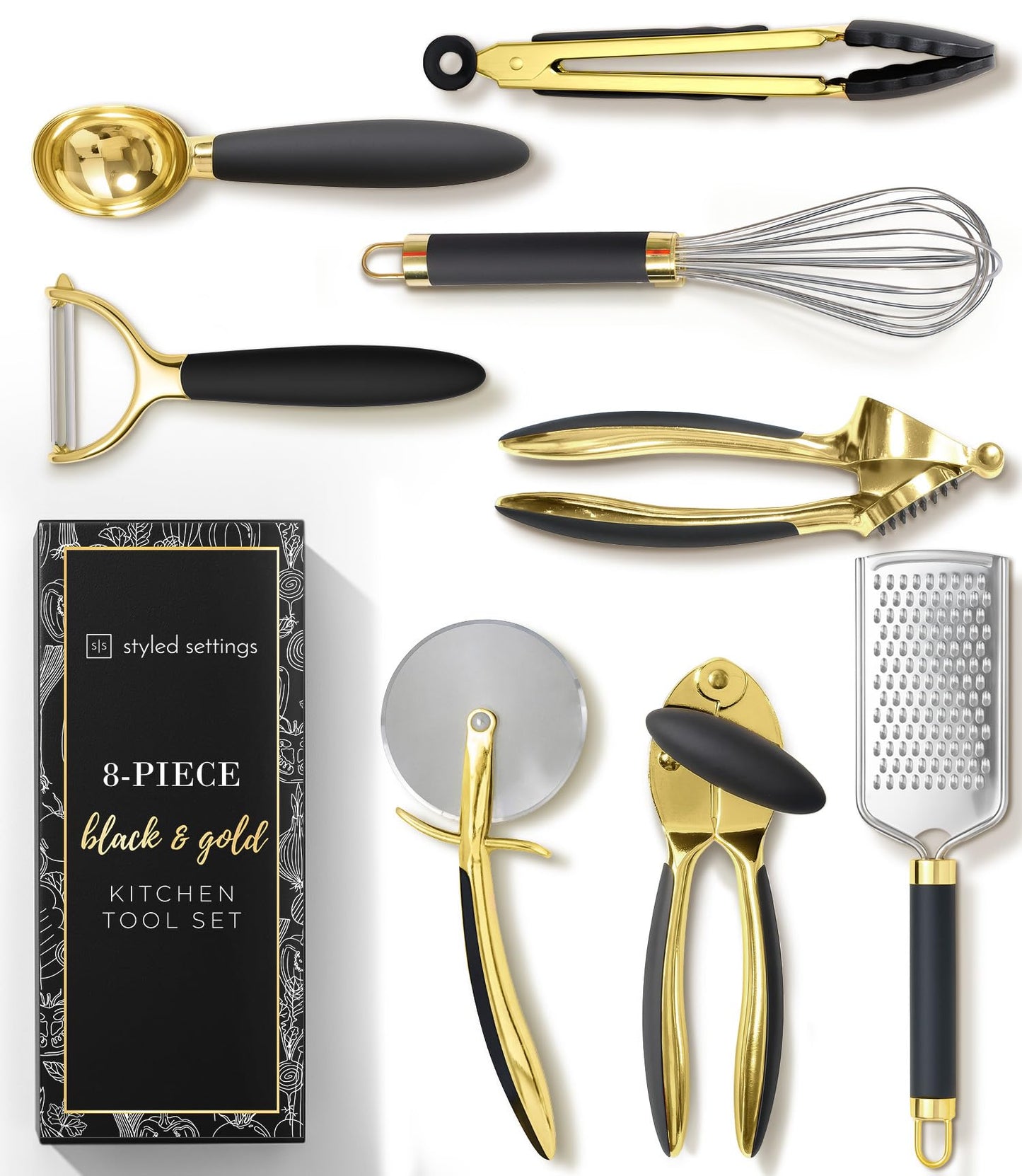 White & Gold Cooking Utensils Set - Luxe 8-Piece Kitchen Gadget Set Includes Can Opener, Tongs and Garlic Press - Stylish White and Gold Kitchen Accessories for Modern Kitchens, Ideal for Gifting