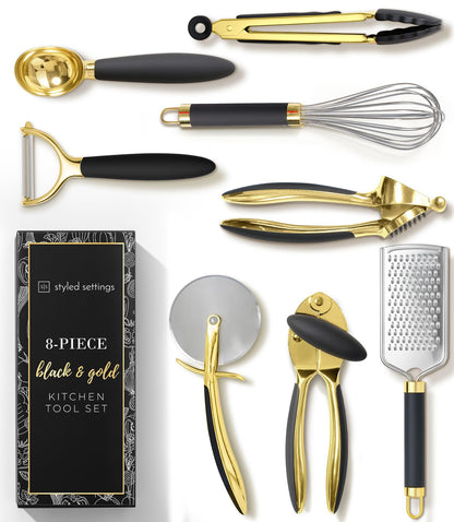 White & Gold Cooking Utensils Set - Luxe 8-Piece Kitchen Gadget Set Includes Can Opener, Tongs and Garlic Press - Stylish White and Gold Kitchen Accessories for Modern Kitchens, Ideal for Gifting