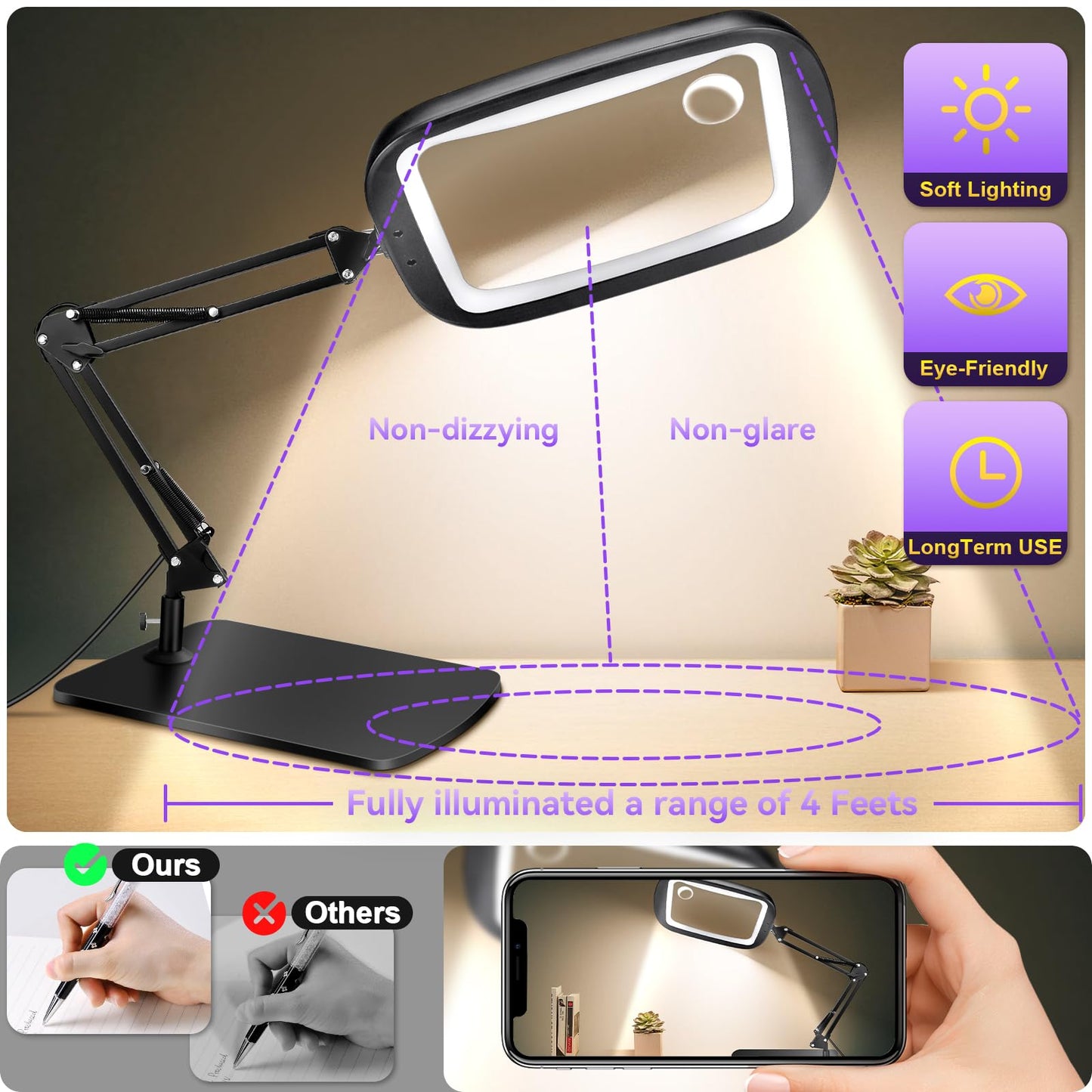 10X 30X Extra Large Magnifying Glass with Light and Stand,7-inch Lighted Magnifier,5 Color Modes Stepless Dimmable,Rectangle Hands-Free Magnifying Glass Desk Lamp for Reading Craft Hobby Close Work LB