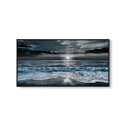 Framed Moonlight Coastal Wall Art for Living Room, Horizontal Blue and Black Beach Ocean Seascape Artwork for Walls, Large Canvas Picture Print for Bedroom Dining Room Office Wall Decor, 24x48 Inch