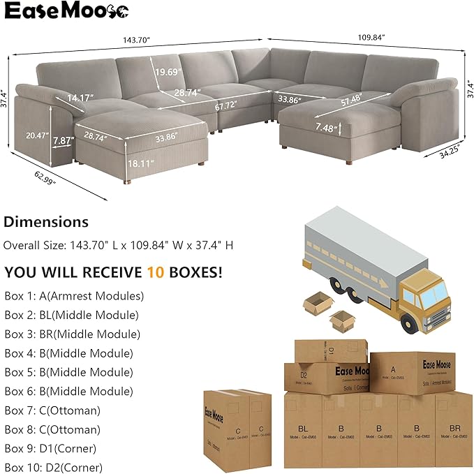 EASE MOOSE Oversized Sectional Modular Sofa, Large U Shape Sectional Couch Wide