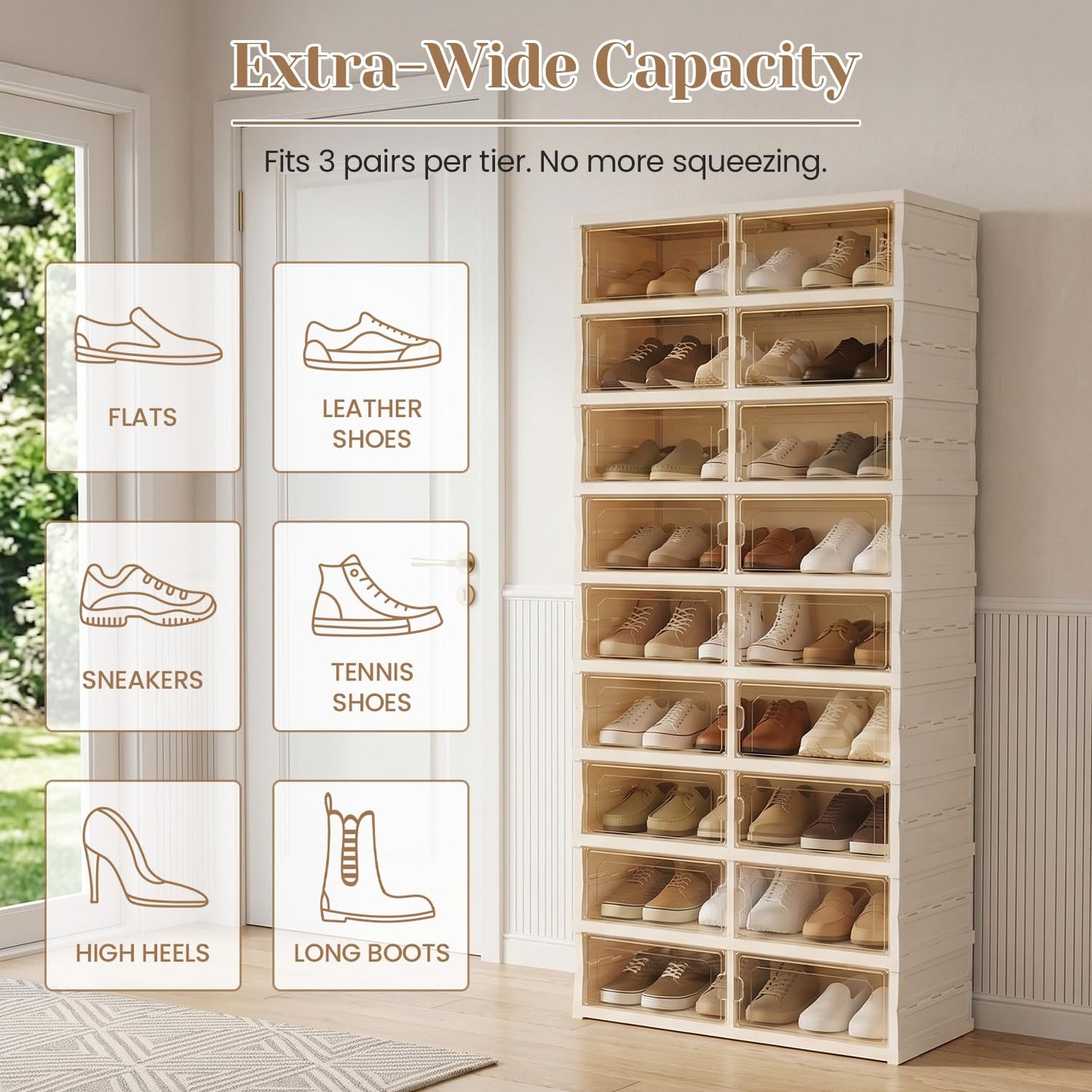 Tykacna Foldable Shoe Rack with Doors, Stackable Plastic Shoe Organizer, Large Clear Shoe Storage Boxes for Closet and Entryway, Portable Collapsible Shoe Cabinet 9 Tiers, 27Pairs