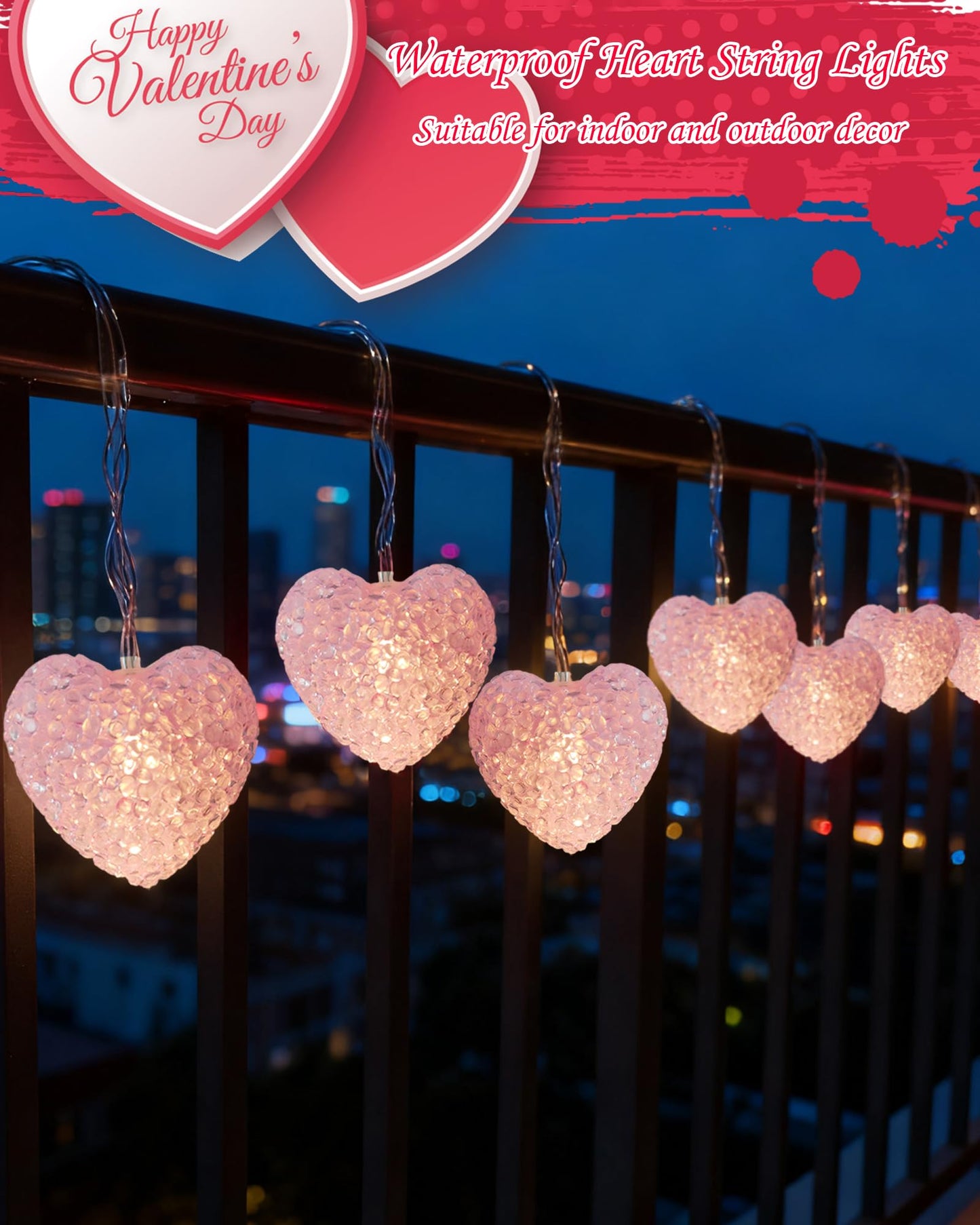 Myhimx Valentines Day Lights 7ft 10 LED Pink Heart String Lights Battery Operated with Timer, Shatterproof Valentine Heart Light for Indoor Outdoor Home Bedroom Christmas Valentines Decor