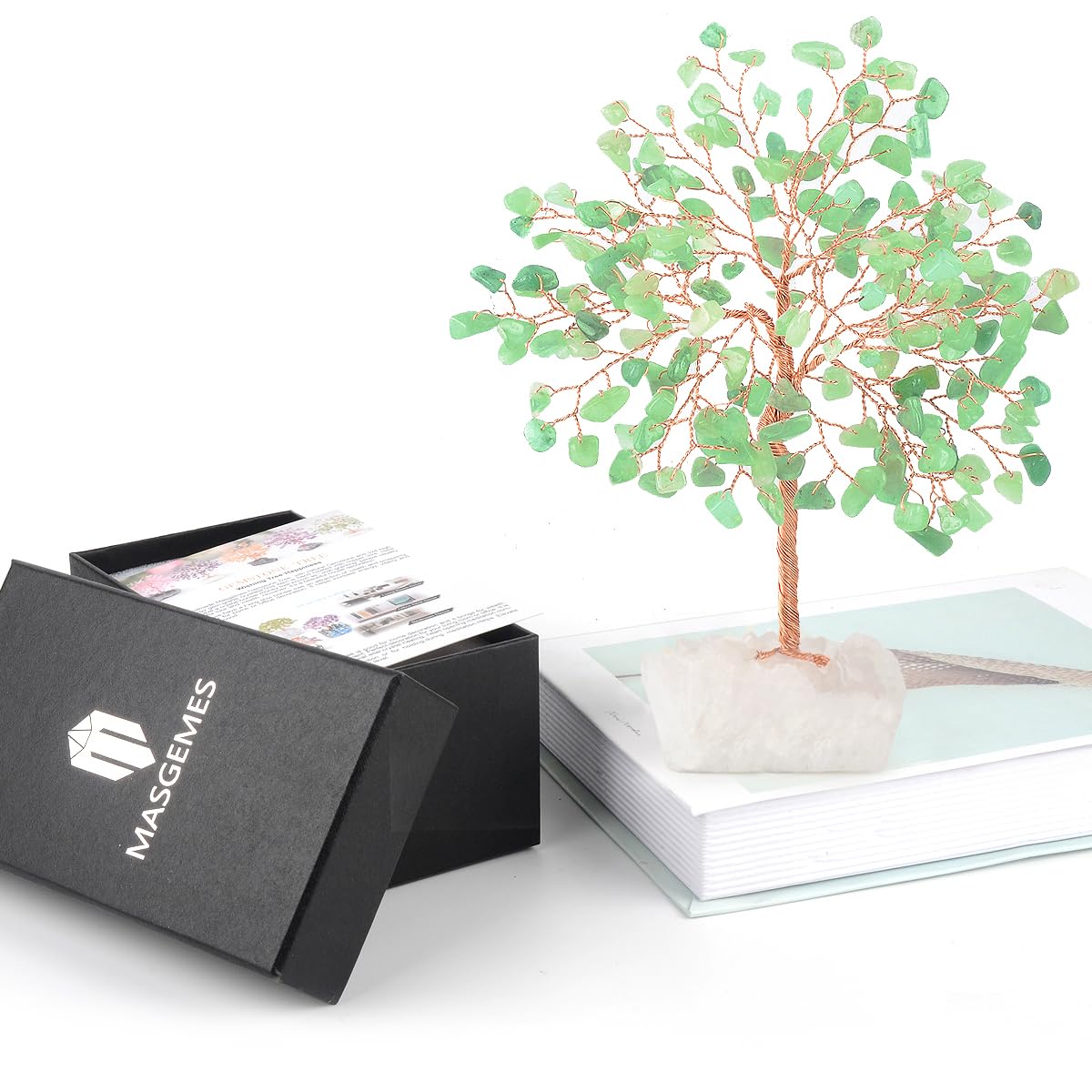 MASGEMES Crystal Tree of Life,Aventurine Jade Clear Quartz Cluster Base,Bonsai Feng Shui Decor Money Tree,Healing Crystals Positive Enegy,Gift Size 5.5"-6.3"