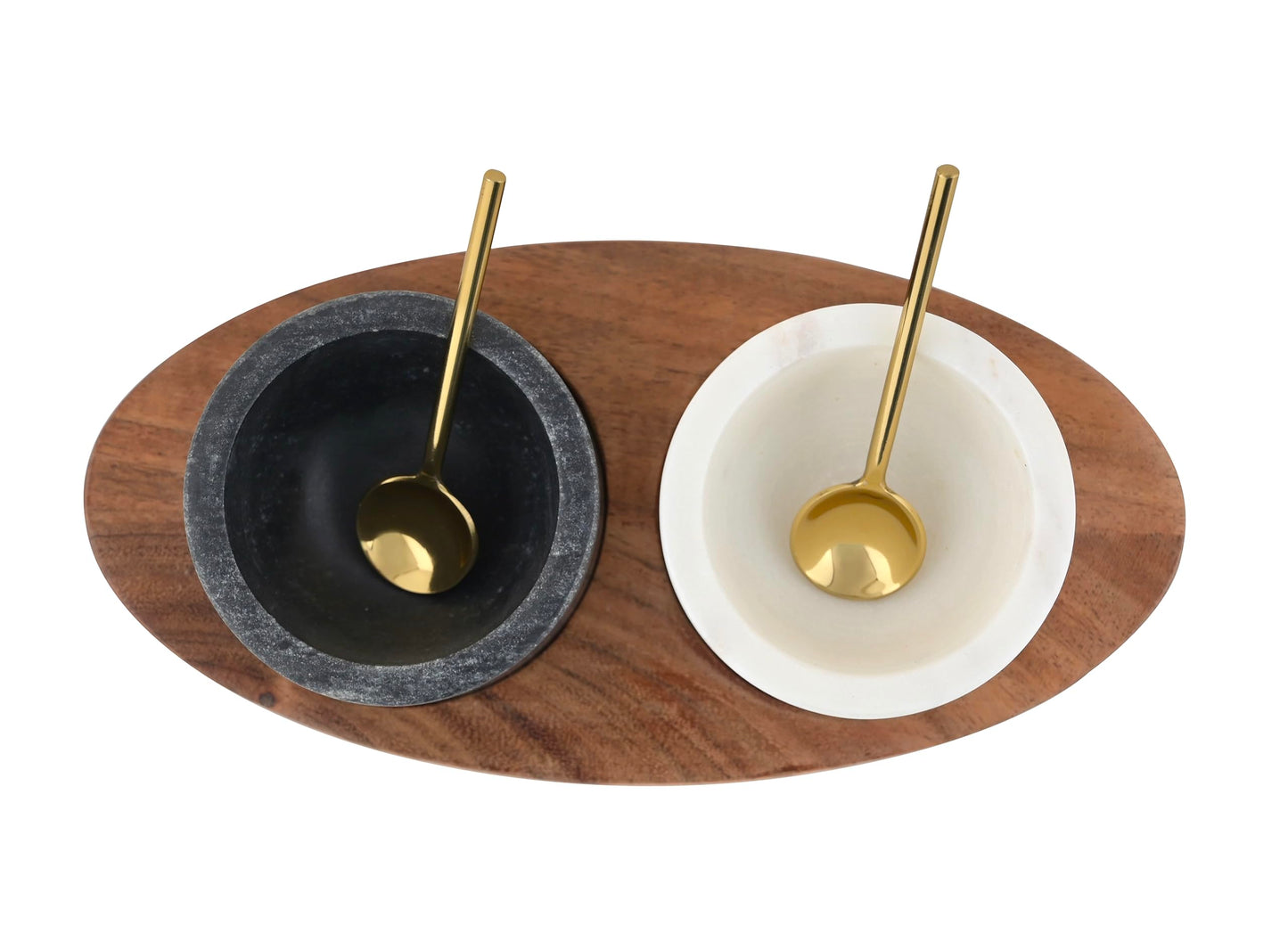Cruiser’s Caché 2 Piece White and Black Marble Salt and Spice Cellar or Dipping Bowls with Wood Tray and Gold Spoons