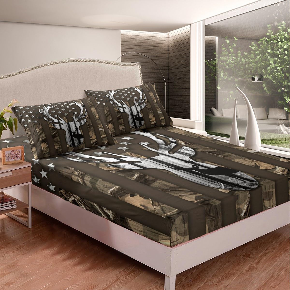 Kids Camo USA Flag Bed Sheet Set King Size,Brown Camouflage American Flag Quality Brushed Microfiber Luxury Bedding Set, Deer Antlers and Trees Bedding (1 Fitted,1 Flat,2 Pillowcases),Soft Fabric