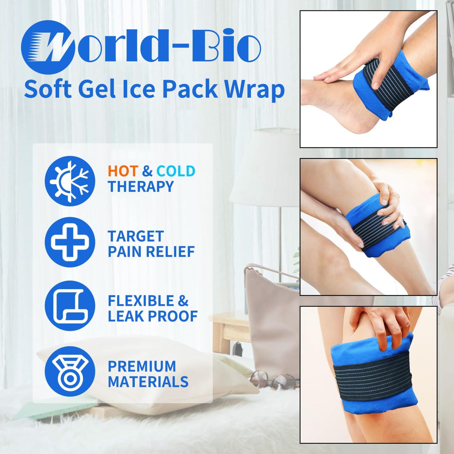 Soft Gel Ice Pack for Injuries Reusable, Flexible Hot Cold Pack for Forehead Neck Head Knee Ankle Wrist Elbow, Medical Cold Pack for First Aid, Migraines (12'' X 4.7''- 1 Ice Pack & Wrap)