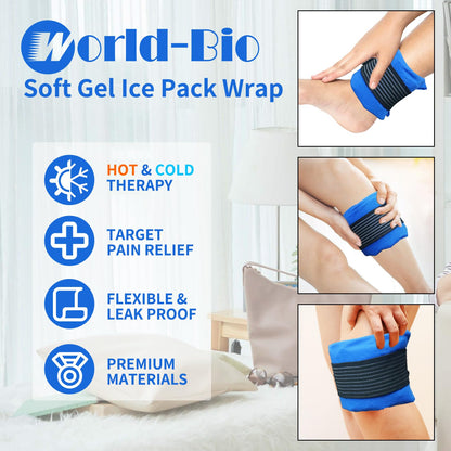 Soft Gel Ice Pack for Injuries Reusable, Flexible Hot Cold Pack for Forehead Neck Head Knee Ankle Wrist Elbow, Medical Cold Pack for First Aid, Migraines (12'' X 4.7''- 1 Ice Pack & Wrap)