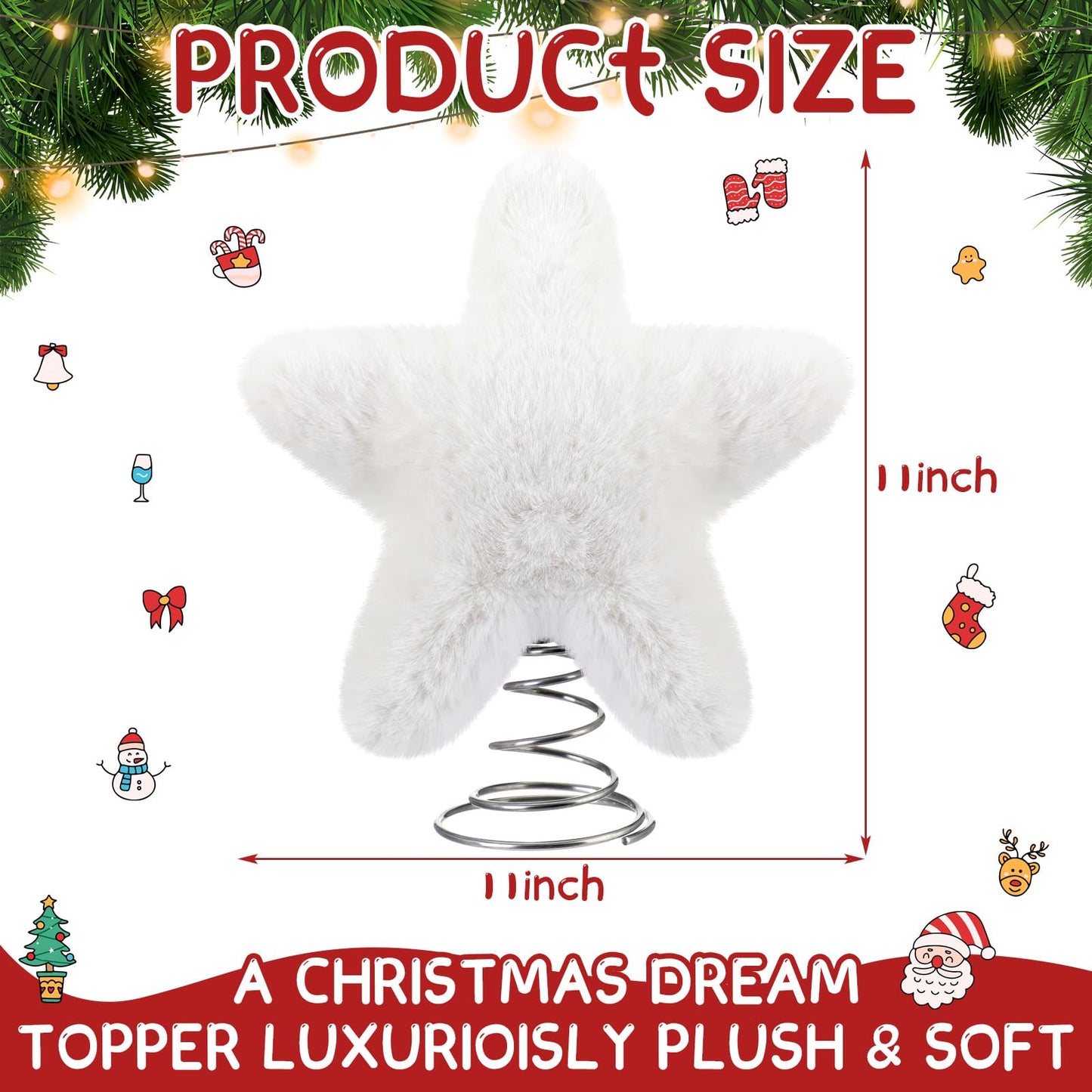 Soulchen 11 Inch White Christmas Star Tree Topper Faux Mink Fur Christmas Tree Topper Star White Rustic Treetop Ornaments for Xmas Decoration Home Indoor Outdoor Holiday Decoration