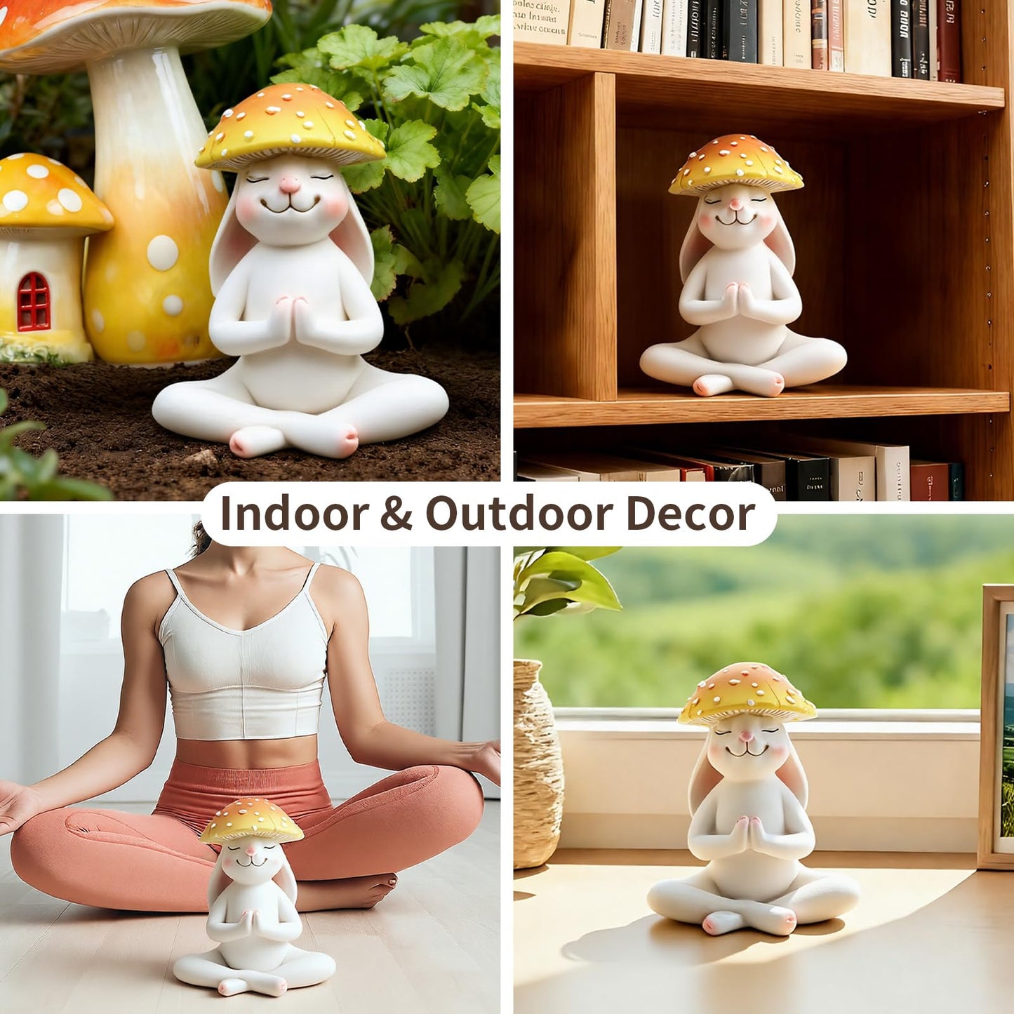 DearKeeps Meditation Mushroom Resin Statues – Cute Yoga Mushroom Figurines for Desk, Home, Office & Garden Decor – Zen Resin Sculptures for Living Room, Patio, Tabletop & Backyard (1 Pack, Rabbit)