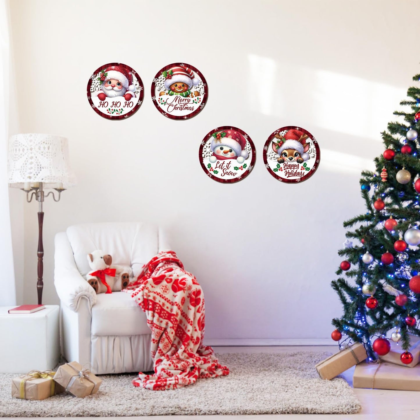 HOURIA 4PCS Christmas Wall Decorations Indoor, Merry Christmas Buffalo Plaid Wooden Hanging Wall Decor,10" Reindeer Gingerbread Man Snowman Sign,Xmas Holidays Wreath Sign for Living Room Bedroom