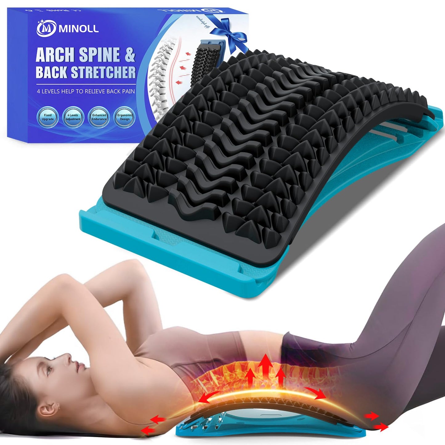 MINOLL Back Stretcher for Lower Back Pain Relief, 4 Level Adjustable Arch Lumbar Back Cracker Board, Back Cracking Device, Back Massager for Scoliosis, Spine Decompression Support - Dark Blue