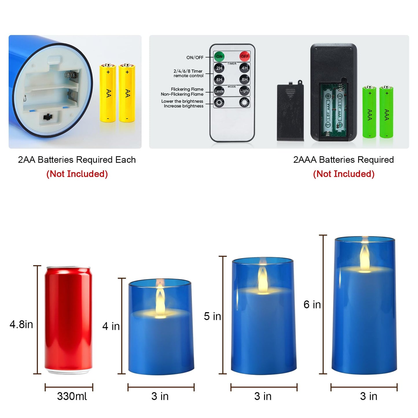 Raycare Flameless Electronic Pillar Candles with Remote Control and Timer- Battery Operated Realistic Flickering LED Fake Candle for Home, Wedding, Valentine's Day Decor,Blue,Set of 3(3"x4"5" 6")