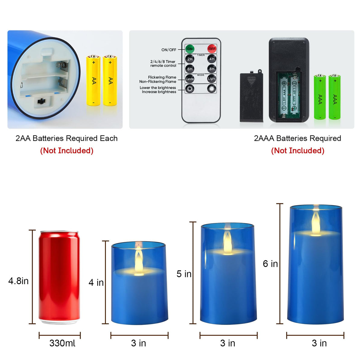 Raycare Flameless Electronic Pillar Candles with Remote Control and Timer- Battery Operated Realistic Flickering LED Fake Candle for Home, Wedding, Valentine's Day Decor,Blue,Set of 3(3"x4"5" 6")