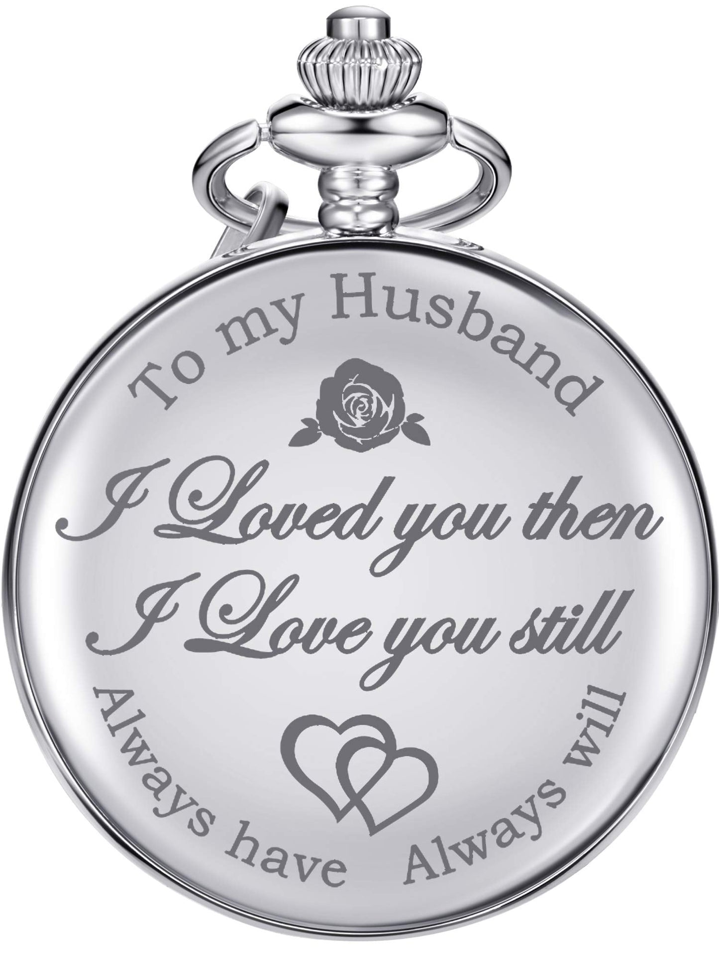 Pangda Quartz Pocket Watch to Husband Gift, Engraved Pocket Watch (Silver Case and Black Dial)