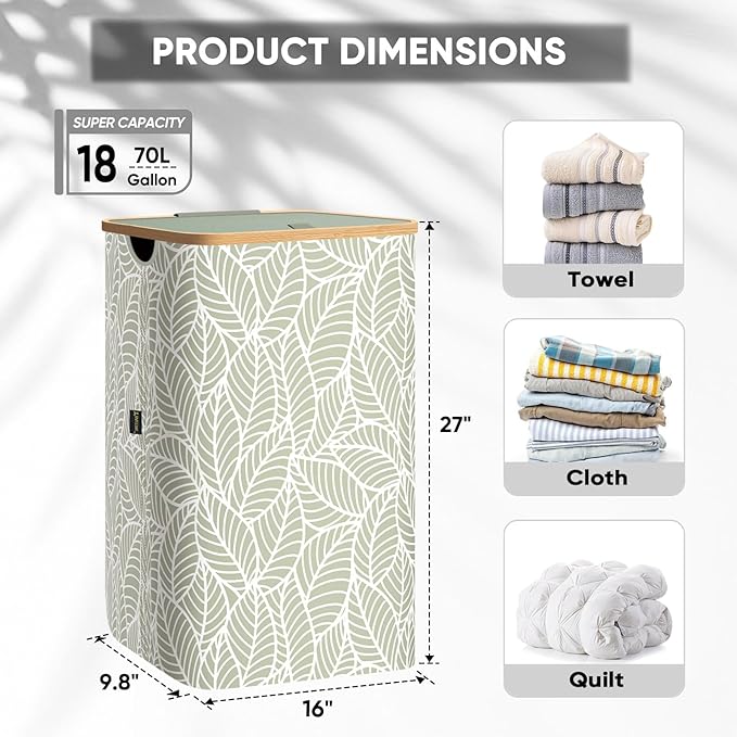 BALEINE Laundry Hamper with Lid, Tall Laundry Baskets with Bamboo Pull Handles