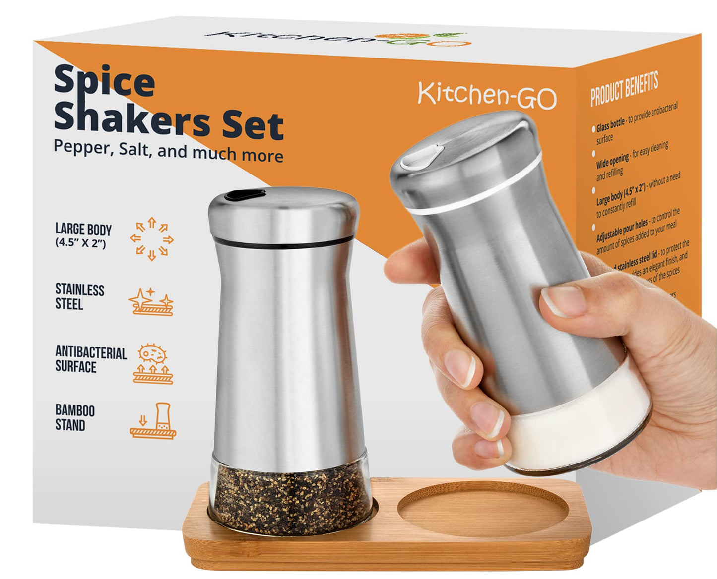 Salt and Pepper Shakers set with Adjustable Pour Holes - Elegant Stainless Steel Spice Dispenser - Perfect for Himalayan, Table Salt, White and Black Pepper (Salt & Pepper Shakers Set + Bamboo Stand)
