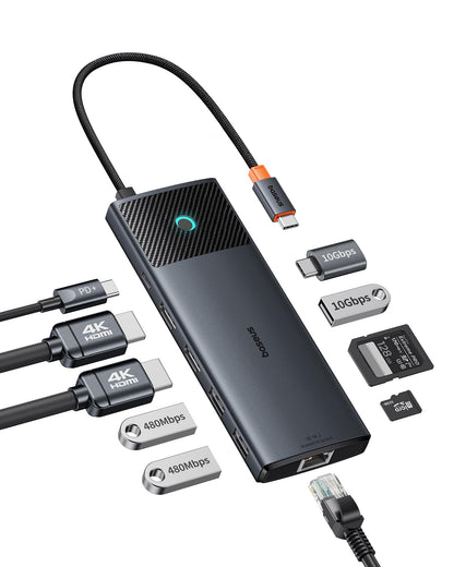 Baseus Laptop Docking Station Dual Monitor 4K@120Hz, 9 in 1 USB C Hub with 2 HDMI, 1000Mbps LAN, Max 85W PD, 3 USB, SD Card Reader, USB C Dock Compatible with iPhone 15/Mac/Dell/HP/Surface/Steam Deck