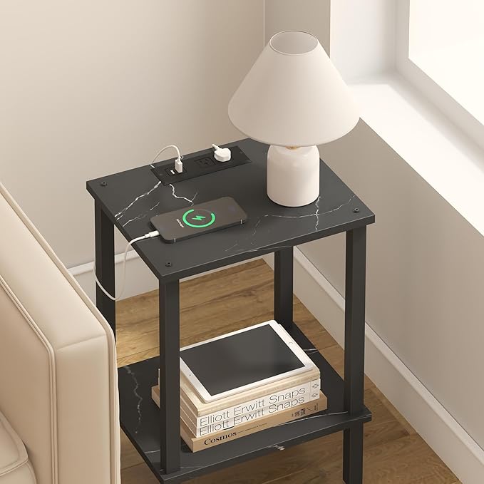 TUTOTAK End Table with Charging Station, Small Side Table, Nightstand Bedside