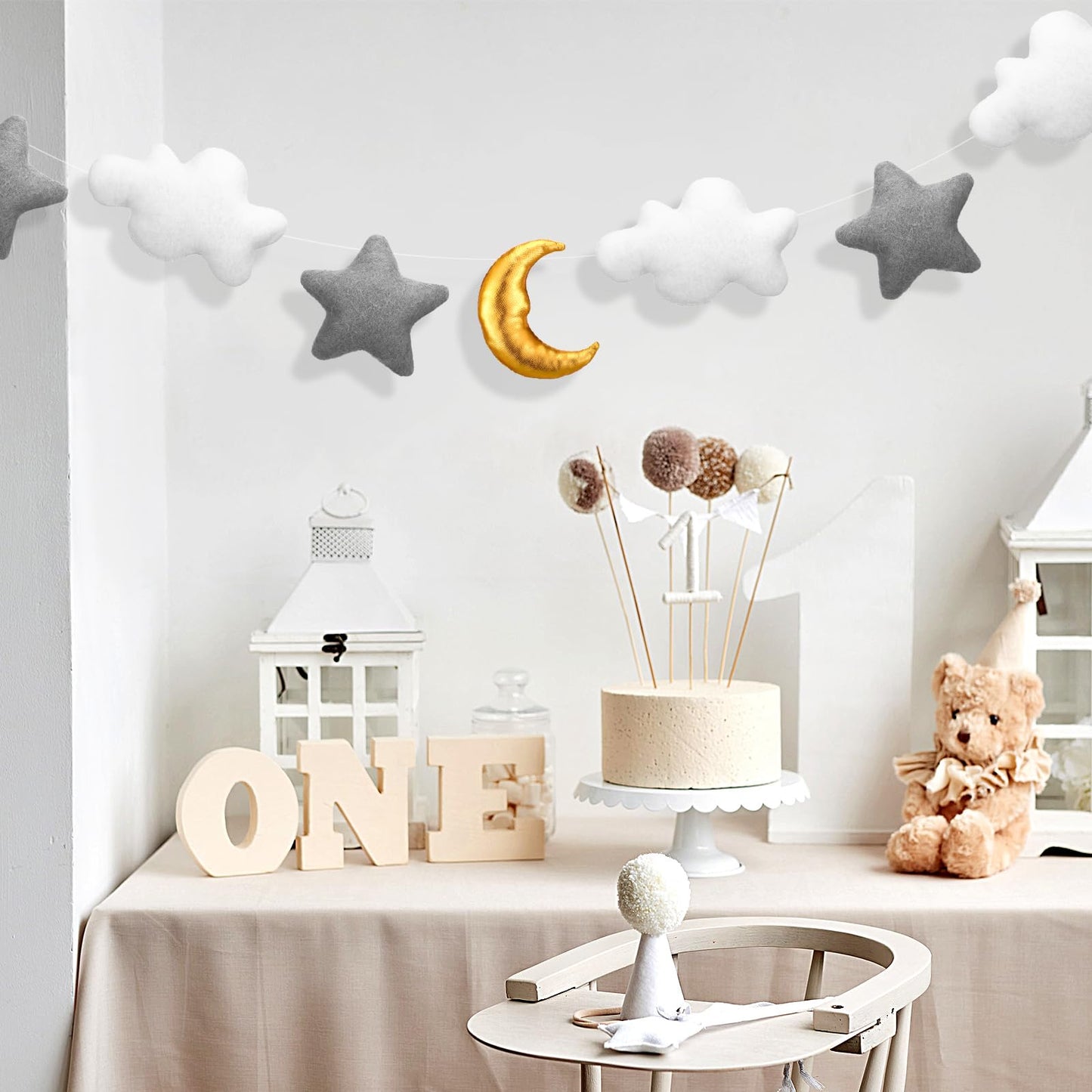 XunYee 5ft 3D Felt Cloud Decorations Hanging with Moon and Stars over The Moon Baby Shower Nursery Decor Cloud Wall Hanging Banner Garland for Wedding Gender Reveal Baby Shower Birthday Party