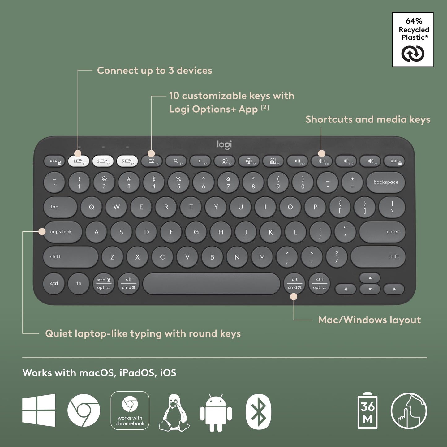 Logitech Pebble Keys 2 K380s, Multi-Device Bluetooth Wireless Keyboard with Customizable Shortcuts, Slim and Portable, Easy-Switch for Windows, macOS, iPadOS, Android, Chrome OS - Tonal Graphite