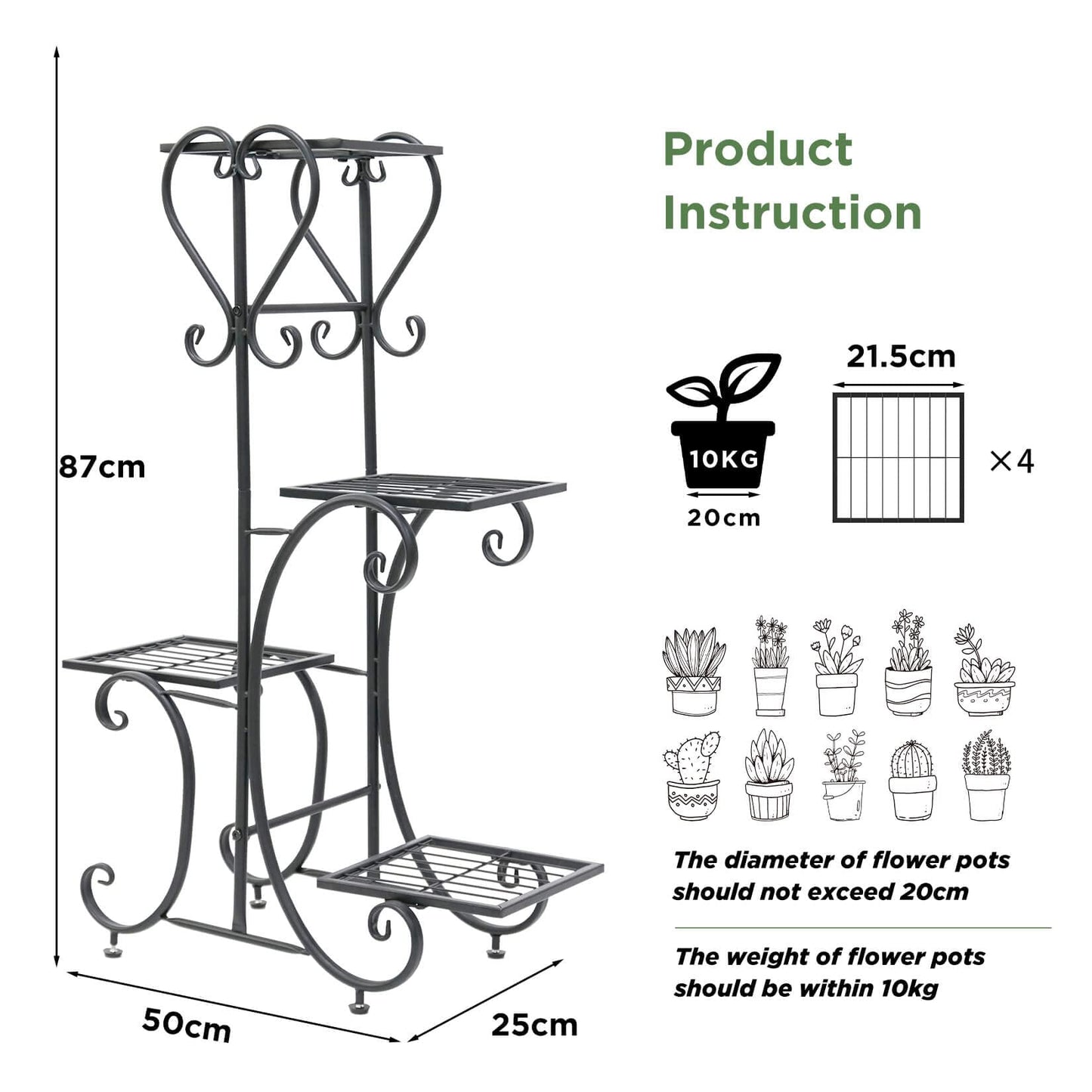 unho Metal Plant Stand Black: 4 Tier Flower Pot Display Rack with Potted Planter Shelves Indoor Storage Shelf Holder for Balcony Living Room Patio Garden Entryway Décor (Black)
