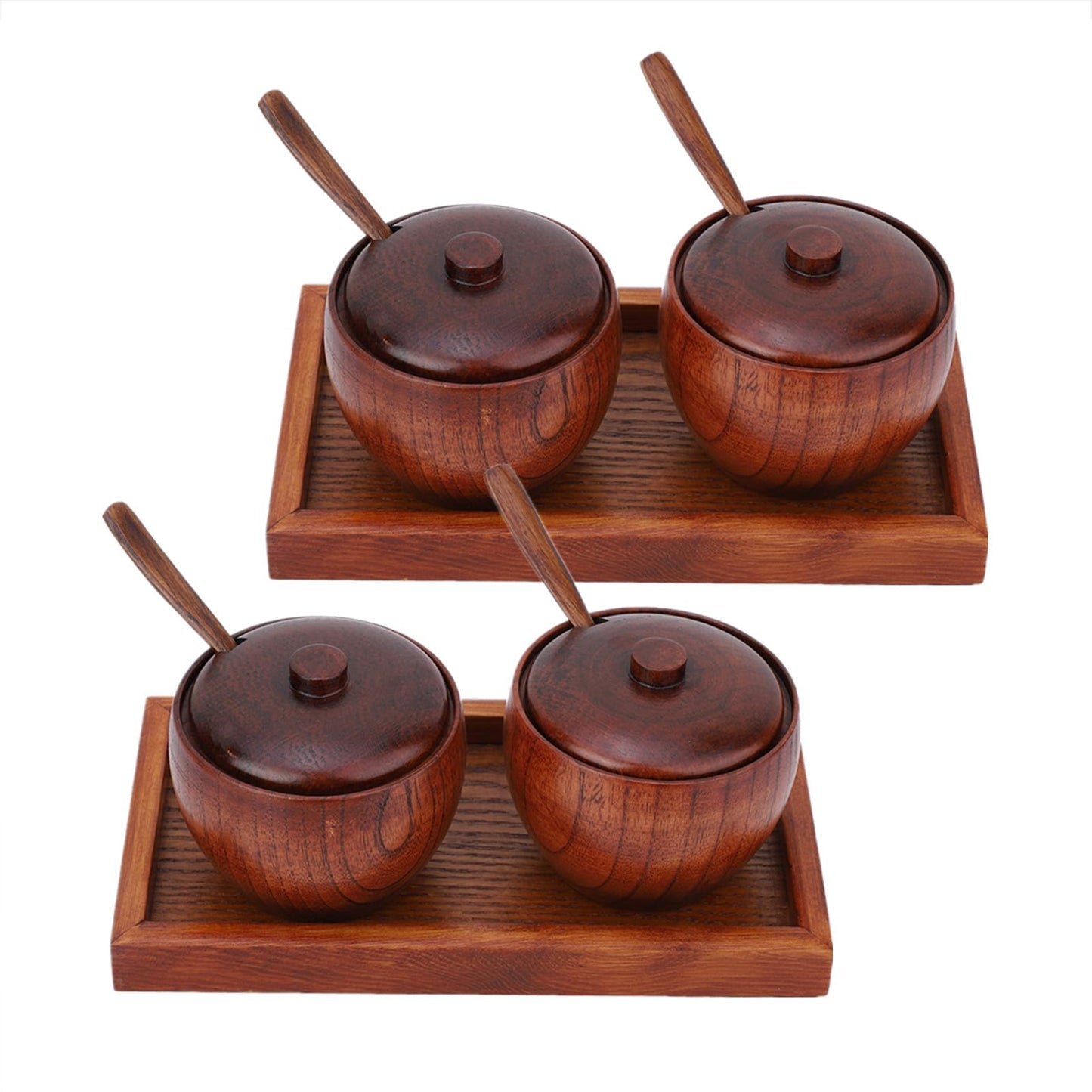 Cyrank Set of 4 Spice Jars, Wooden Condiment Jars Set with Lid and Spoon Wood Seasoning Box Sugar Salt Container Set Condiment Pots for Salt, Sugar and Pepper