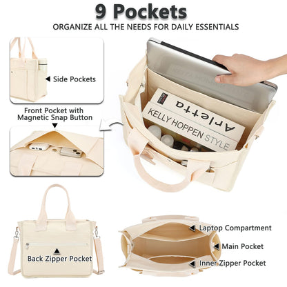 Fammart Large Canvas Tote Bag for Women with Zipper & Compartments, Crossbody Laptop Bags for Work College Travel