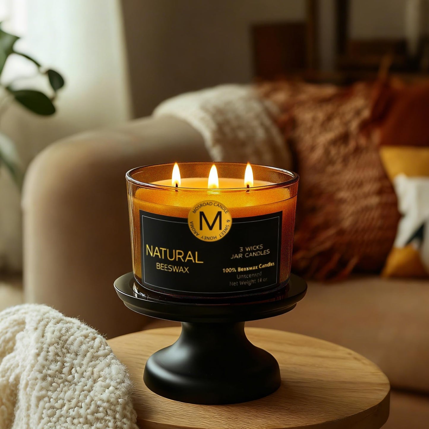 3 Wick Beeswax Candle in Jar, Natural Beeswax Candles Non Toxic for Air Purification, Honey Aroma Bees Wax Jar Candle for Home Decor, Fragrance Free, Paraffin Free