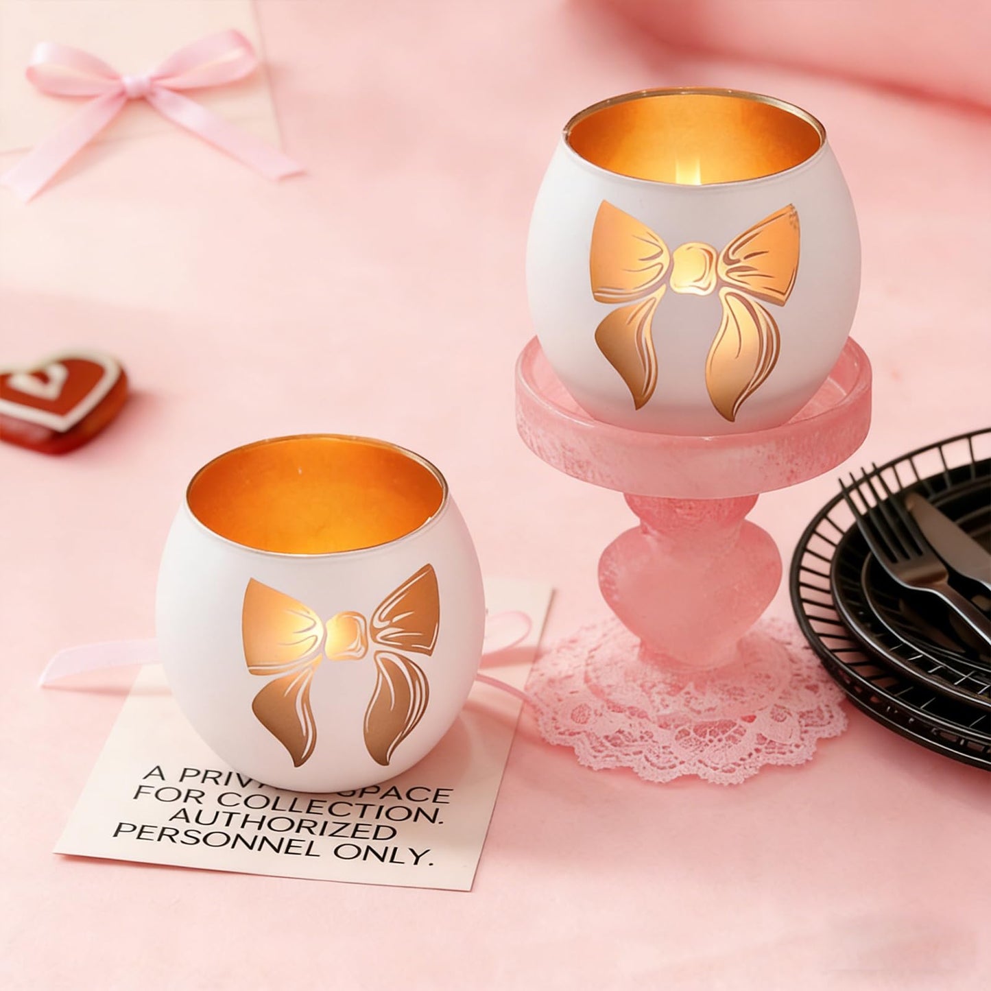 White Glass Candle Holder with Bow, Elegant Ribbon Votive Tealight Candle Holder for Wedding Centerpieces, Easter Table Decorations, Aesthetic Home Decor Gift