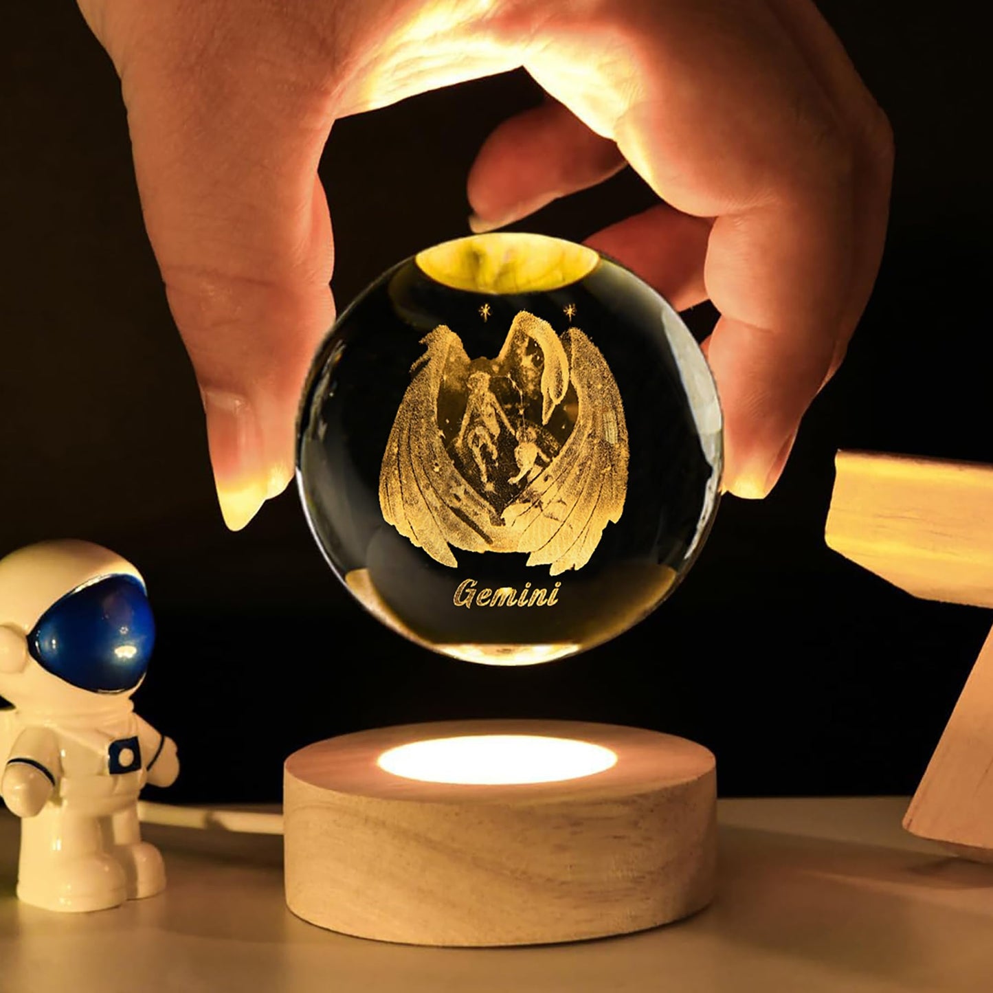 QIANCHANG 3D Laser Etched Gemini Crystal Ball with LED Light Stand, Constellation Decor Glass Sphere Lamp, Zodiac Astrology Birthday Gifts for Women Kids