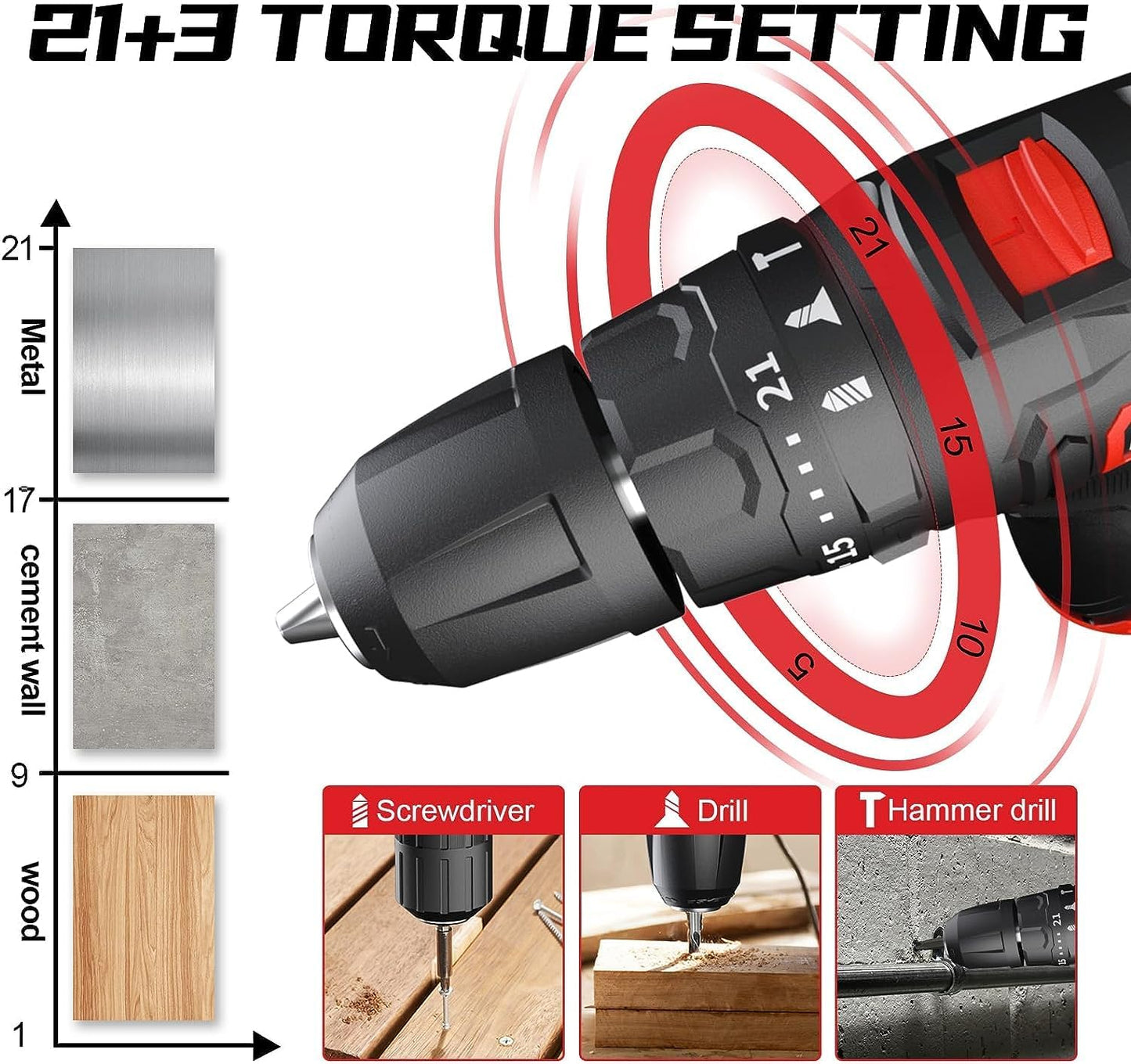 PULITUO 12V Cordless Drill and Driver Impact Tool, 35Nm of Torque, 50Pcs Bit Set, Screwdriver and Drill with 3/8" Chuck, Dual Speed 1.5Ah Battery, LED Light for Cement, Concrete, Ceiling, Brick, Wall