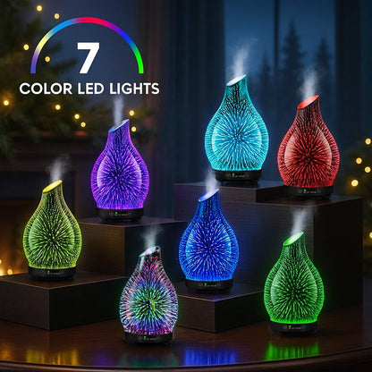 120ML Essential Oil Diffuser, 3D Glass Aromatherapy Diffuser with Auto Shut-Off and 7 Color LED Lights, Ultrasonic Mist Humidifier with 4 Timer for Home Office Bedroom (3D Fireworks)