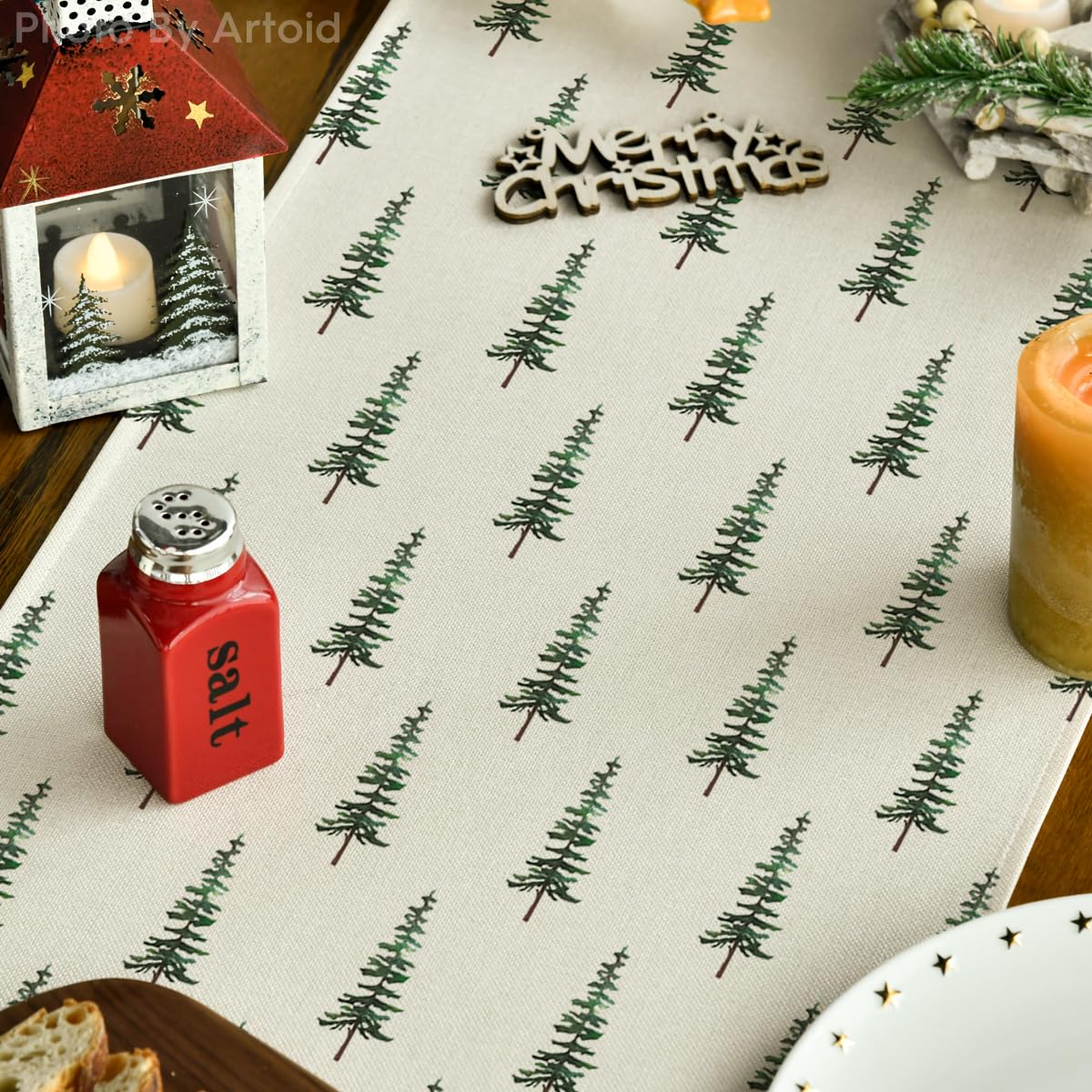 Artoid Mode Beige Xmas Tree Christmas Table Runner, Seasonal Winter Kitchen Dining Table Decoration for Home Party Decor 13x72 Inch