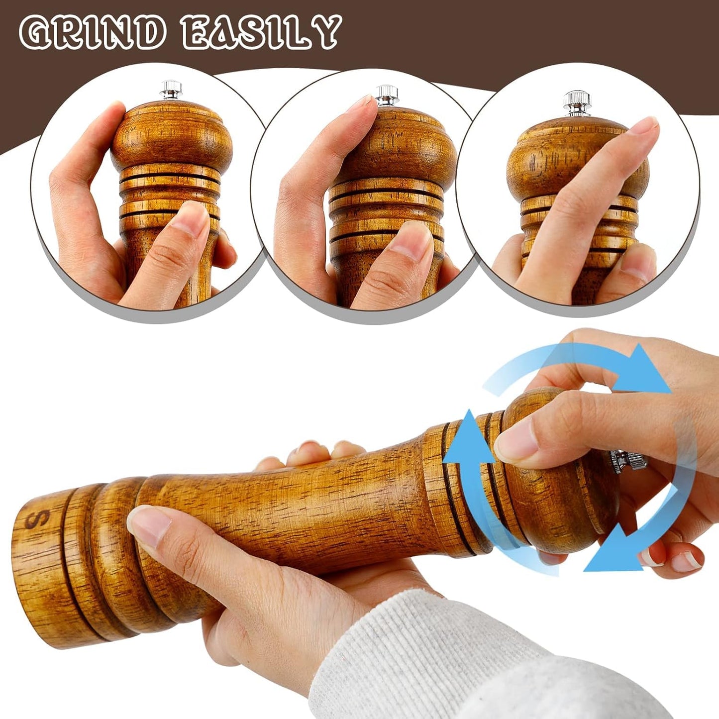BIVIPO Salt and Pepper Grinder Set, 8 Inch Oak Wood Mills, Adjustable Coarseness, Manual Twist, 2-Pack with Tray, Wood Pepper Grinder And Salt Mill,Easy to clean