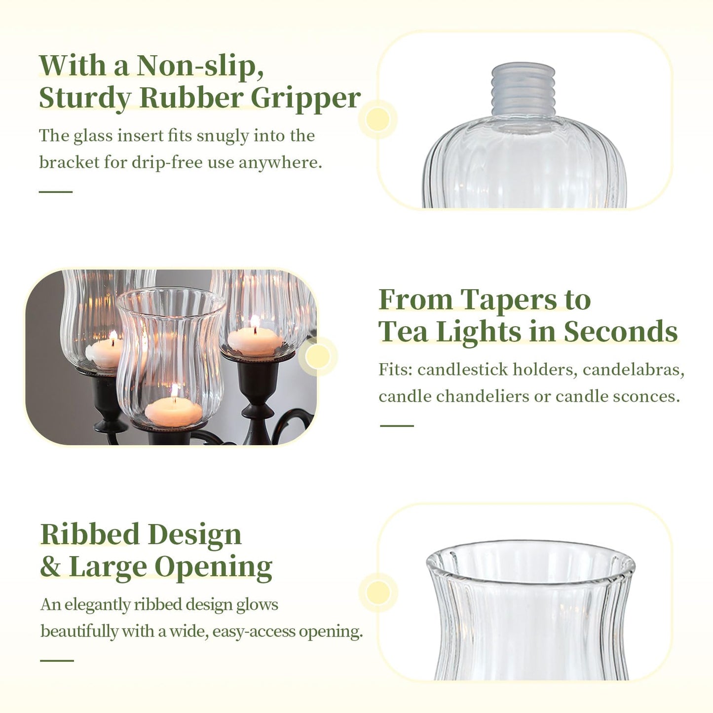 Glasseam Glass Votive Cups with Pegs: Set of 5 Shabbat Votive Candle Holders Bulk with Rubber Grippers Ribbed Glass Clear Candle Cups for Candlestick Holders Shabbos Party Centerpiece Decoration